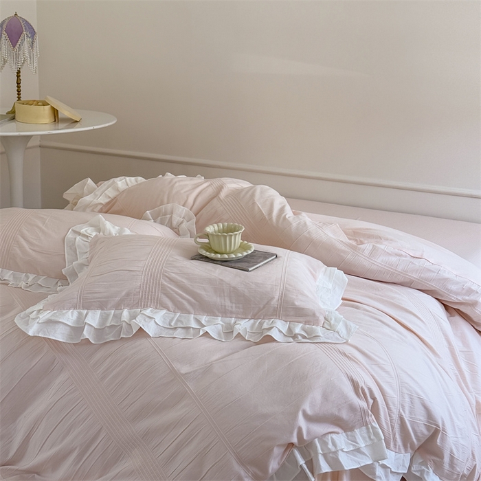 91家纺网 家纺一手货源 找家纺 （总）尺素 2025纯棉双层花边韩式四件套全棉纯色ins风民宿被套纯色1.8床笠双人加大床单公主风床上用品