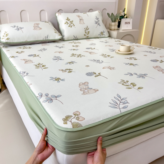 91家纺网 家纺一手货源 找家纺 2025年新款600D丝滑冰丝凉席-床笠款 蘑菇小兔