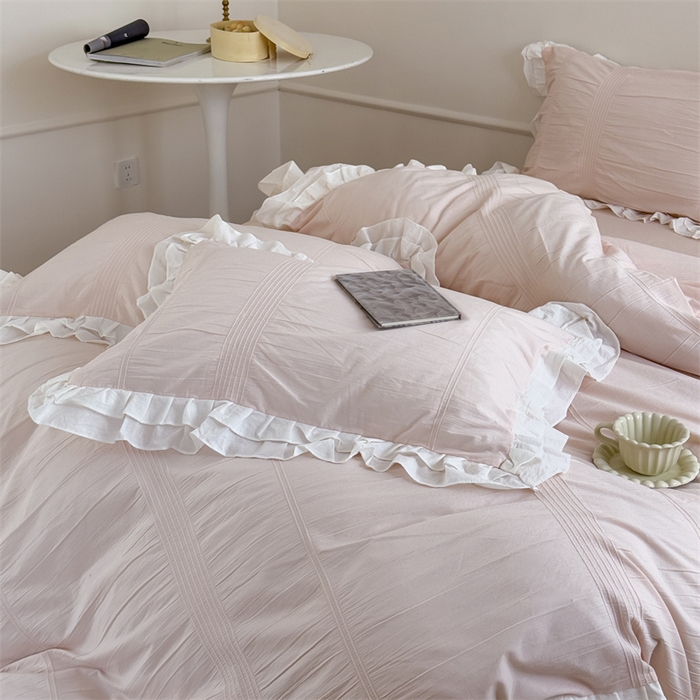 91家纺网 家纺一手货源 找家纺 （总）尺素 2025纯棉双层花边韩式四件套全棉纯色ins风民宿被套纯色1.8床笠双人加大床单公主风床上用品