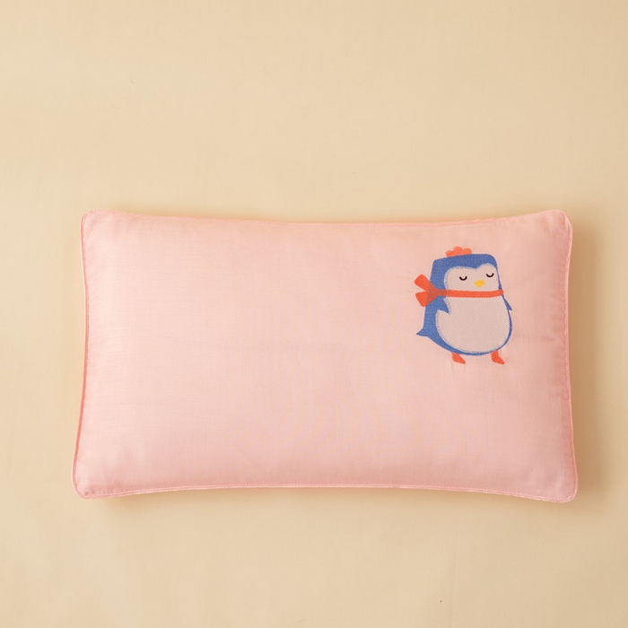 91家纺网 家纺一手货源 找家纺 喜多兔2025新款小轻柔纯棉双层纱枕套枕头 粉色萌企鹅