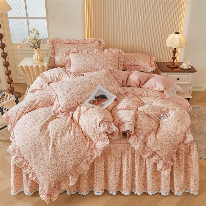 91家纺网 家纺一手货源 找家纺 缦彩 2025新款韩版纯棉床裙四件套 美娜