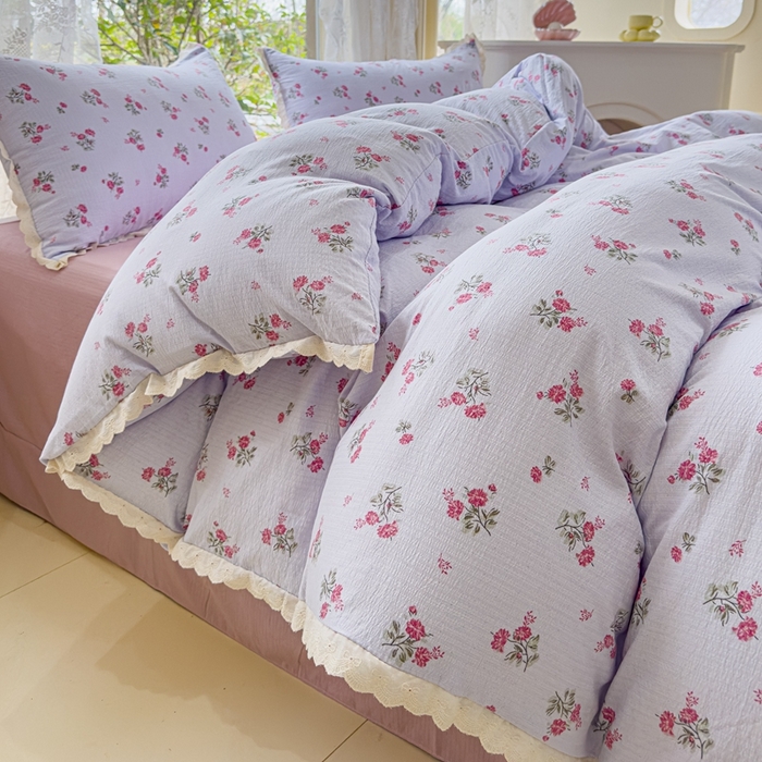 91家纺网 家纺一手货源 找家纺 可思家纺 2025新款法式皱皱纱四件套 紫雾玫瑰