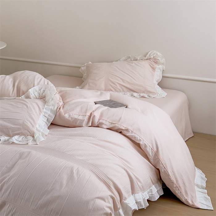 91家纺网 家纺一手货源 找家纺 尺素 2025纯棉双层花边韩式四件套全棉纯色ins风民宿被套纯色1.8床笠双人加大床单公主风床上用品 奶泡泡-涂涂小桃