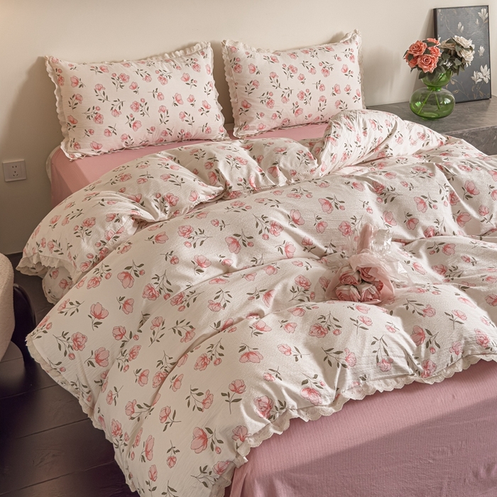 91家纺网 家纺一手货源 找家纺 可思家纺 2025新款法式皱皱纱四件套 粉佳人