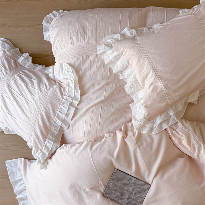 91家纺网 家纺一手货源 找家纺 尺素 2025纯棉双层花边韩式四件套全棉纯色ins风民宿被套纯色1.8床笠双人加大床单公主风床上用品 奶泡泡-涂涂小桃