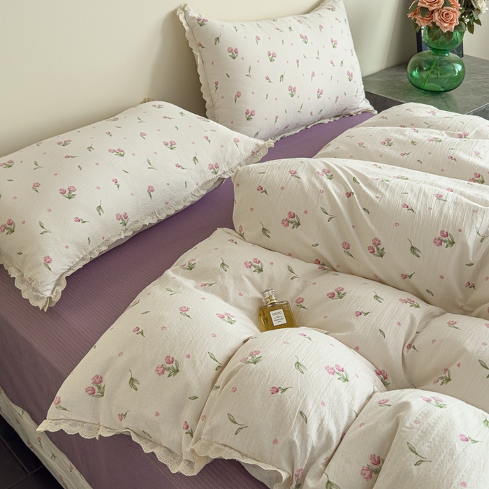 91家纺网 家纺一手货源 找家纺 可思家纺 2025新款法式皱皱纱四件套 小玫瑰