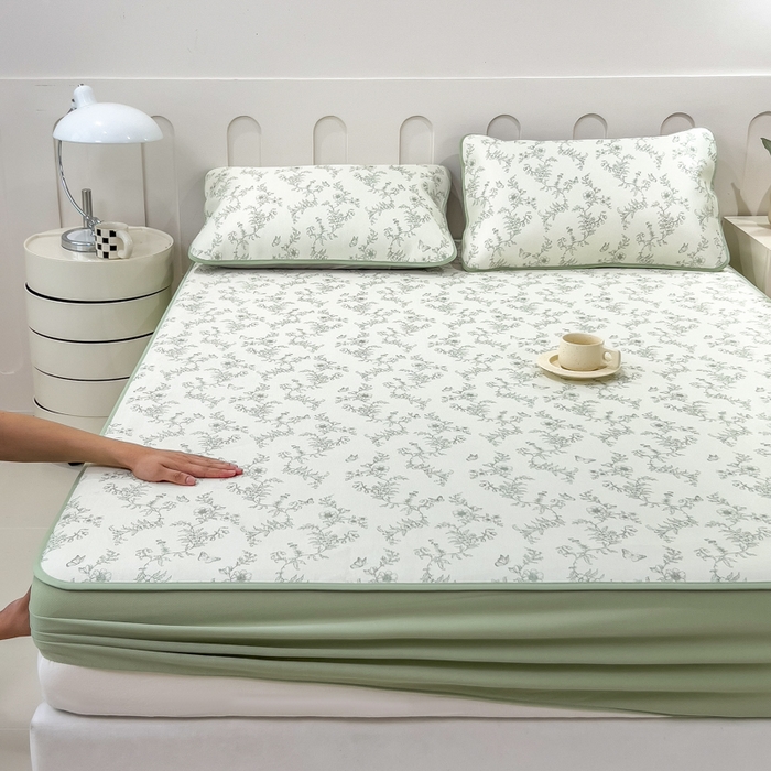 91家纺网 家纺一手货源 找家纺 2025年新款600D丝滑冰丝凉席-床笠款 连理枝绿