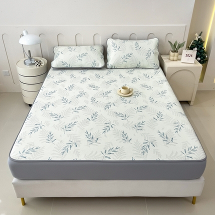 2025年新款600D丝滑冰丝凉席-床笠款 清爽绿叶