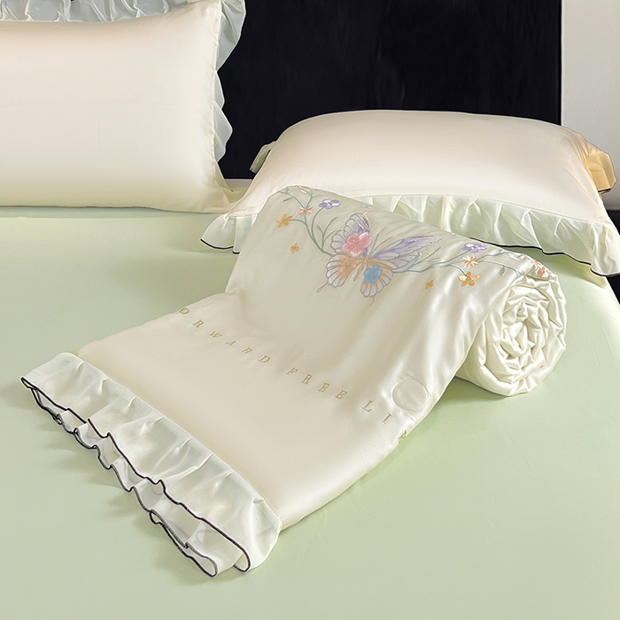 91家纺网 家纺一手货源 找家纺 梦舒羽 2025新款刺绣水洗真丝花边夏被四件套宿舍夏凉被床单枕套三件套-蝶梦花边款 蝶梦-绿 花边款