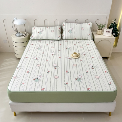 91家纺网 家纺一手货源 找家纺 倾慕家纺 2025年新款600D丝滑冰丝凉席-床席款 玉小兔绿