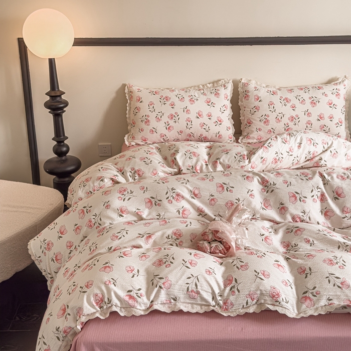 91家纺网 家纺一手货源 找家纺 可思家纺 2025新款法式皱皱纱四件套 粉佳人