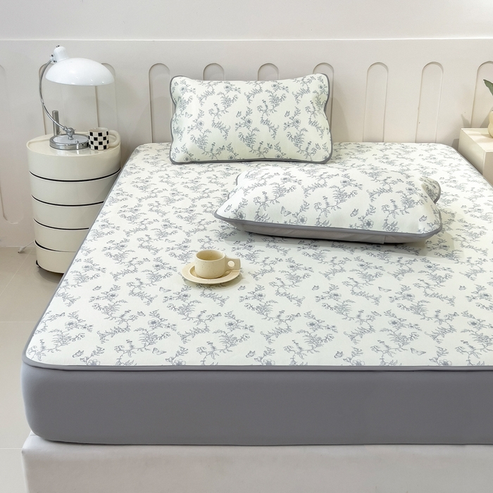 91家纺网 家纺一手货源 找家纺 2025年新款600D丝滑冰丝凉席-床笠款 连理枝蓝