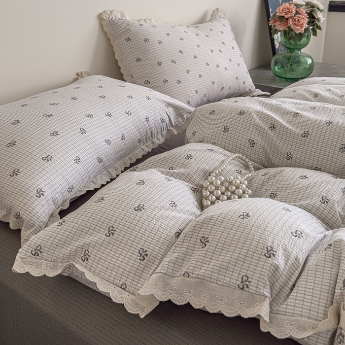 91家纺网 家纺一手货源 找家纺 可思家纺 2025新款法式皱皱纱四件套 甜心格子