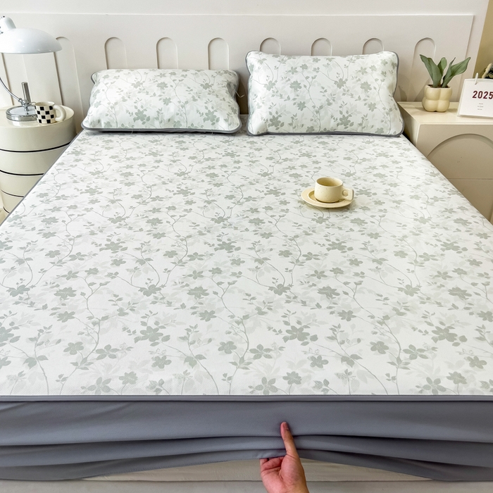 91家纺网 家纺一手货源 找家纺 2025年新款600D丝滑冰丝凉席-床笠款 花点点绿