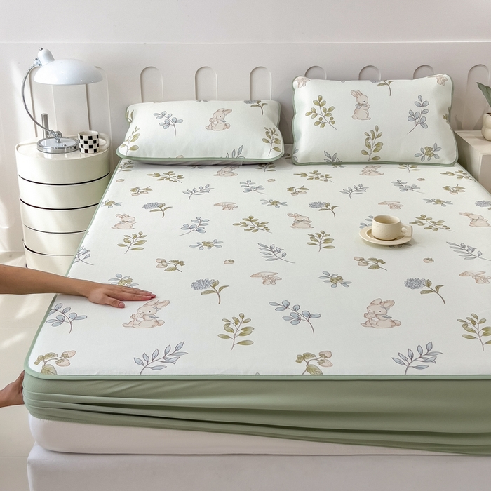 91家纺网 家纺一手货源 找家纺 2025年新款600D丝滑冰丝凉席-床笠款 蘑菇小兔