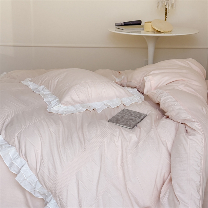 91家纺网 家纺一手货源 找家纺 尺素 2025纯棉双层花边韩式四件套全棉纯色ins风民宿被套纯色1.8床笠双人加大床单公主风床上用品 奶泡泡-涂涂小桃