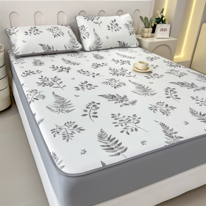 91家纺网 家纺一手货源 找家纺 2025年新款600D丝滑冰丝凉席-床笠款 素叶灰