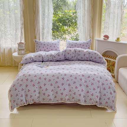 可思家纺 2025新款法式皱皱纱四件套 紫雾玫瑰