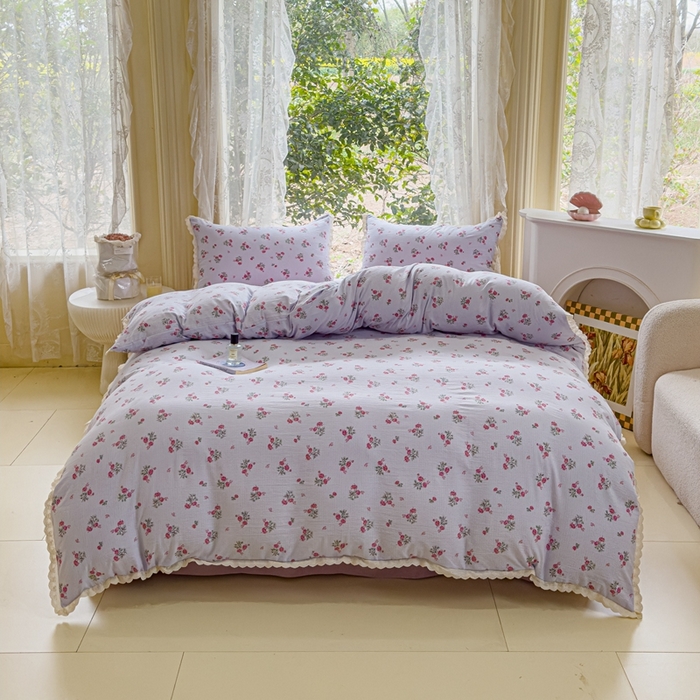 91家纺网 家纺一手货源 找家纺 可思家纺 2025新款法式皱皱纱四件套 紫雾玫瑰