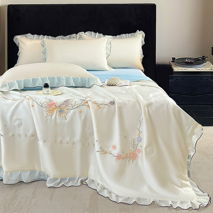 91家纺网 家纺一手货源 找家纺 梦舒羽 2025新款刺绣水洗真丝花边夏被四件套宿舍夏凉被床单枕套三件套-蝶梦花边款 蝶梦-蓝 花边款