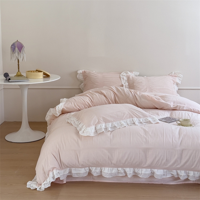 91家纺网 家纺一手货源 找家纺 （总）尺素 2025纯棉双层花边韩式四件套全棉纯色ins风民宿被套纯色1.8床笠双人加大床单公主风床上用品