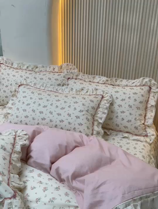 91家纺网 家纺一手货源 找家纺 缦彩 2025新款韩版纯棉床裙四件套 夕颜