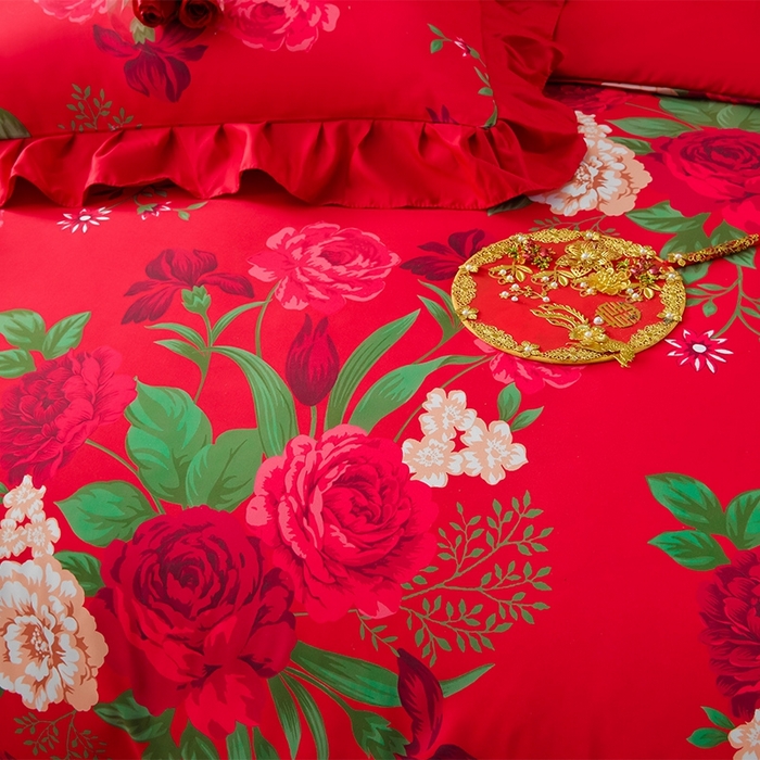 91家纺网 家纺一手货源 找家纺 卓缦2025新款亲肤棉韩版印花花边婚庆四件套 欢颜