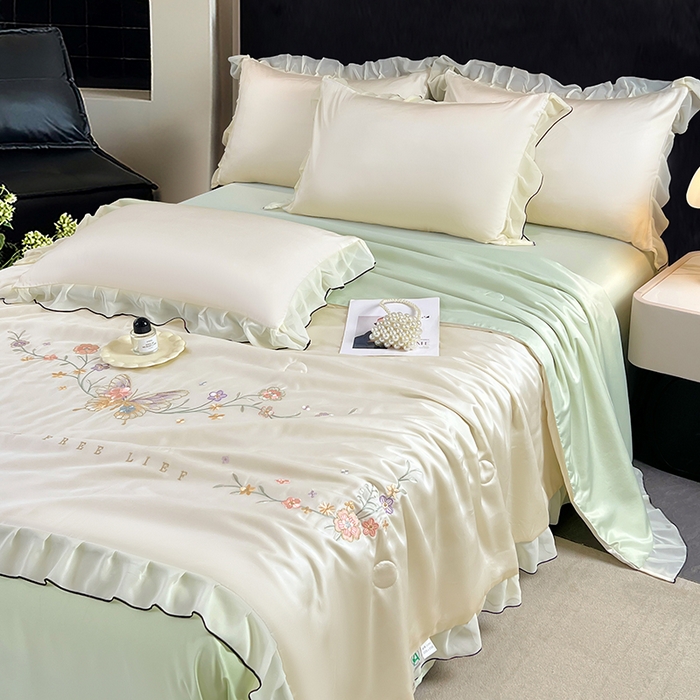 91家纺网 家纺一手货源 找家纺 梦舒羽 2025新款刺绣水洗真丝花边夏被四件套宿舍夏凉被床单枕套三件套-蝶梦花边款 蝶梦-绿 花边款