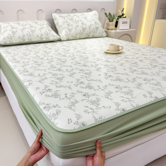 91家纺网 家纺一手货源 找家纺 2025年新款600D丝滑冰丝凉席-床笠款 连理枝绿