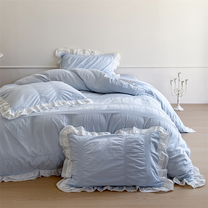 91家纺网 家纺一手货源 找家纺 尺素 2025纯棉双层花边韩式四件套全棉纯色ins风民宿被套纯色1.8床笠双人加大床单公主风床上用品 奶泡泡-也许雾蓝