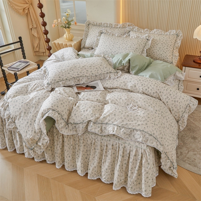 91家纺网 家纺一手货源 找家纺 缦彩 2025新款韩版纯棉床裙四件套 春野