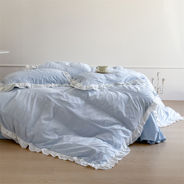 91家纺网 家纺一手货源 找家纺 尺素 2025纯棉双层花边韩式四件套全棉纯色ins风民宿被套纯色1.8床笠双人加大床单公主风床上用品 奶泡泡-也许雾蓝