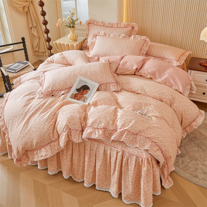 91家纺网 家纺一手货源 找家纺 缦彩 2025新款韩版纯棉床裙四件套 美娜