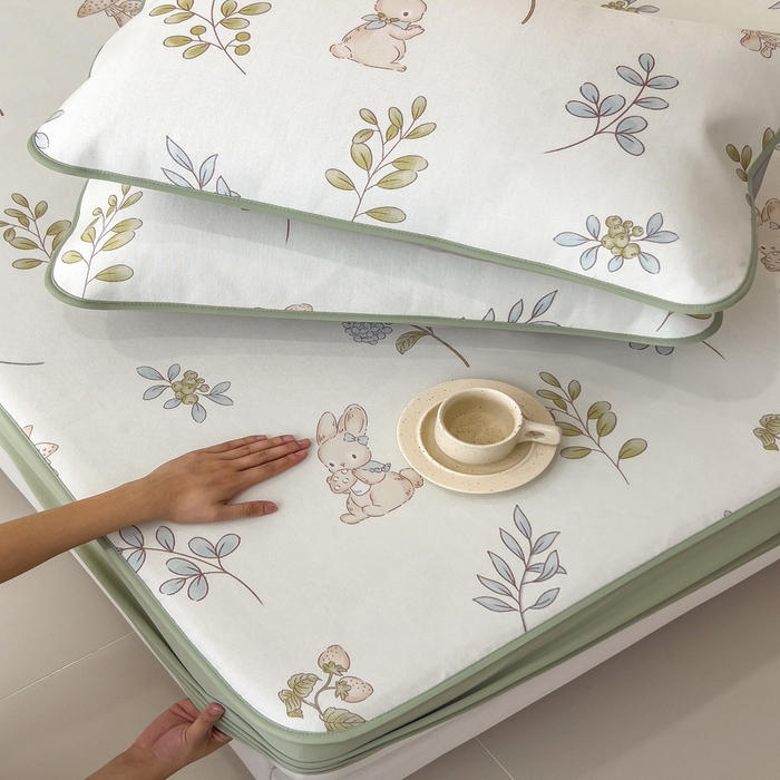 91家纺网 家纺一手货源 找家纺 2025年新款600D丝滑冰丝凉席-床笠款 蘑菇小兔