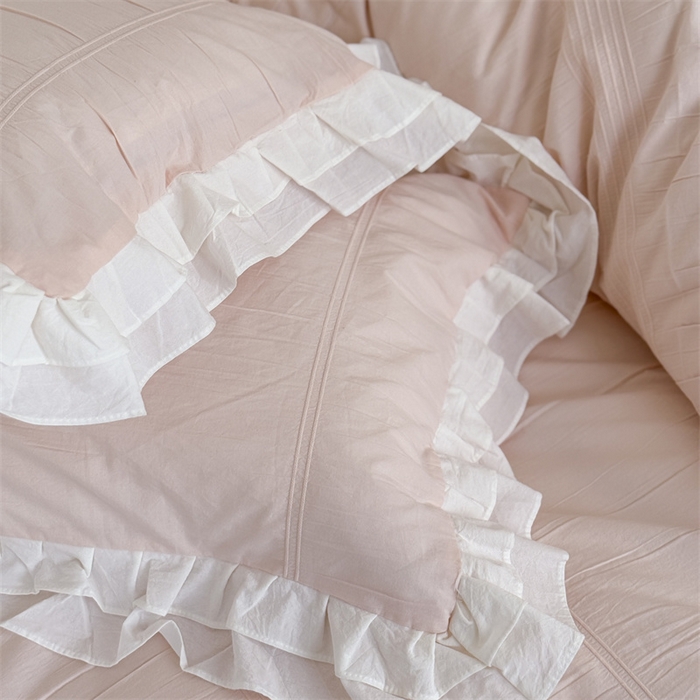 91家纺网 家纺一手货源 找家纺 （总）尺素 2025纯棉双层花边韩式四件套全棉纯色ins风民宿被套纯色1.8床笠双人加大床单公主风床上用品