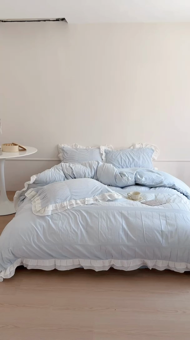 91家纺网 家纺一手货源 找家纺 尺素 2025纯棉双层花边韩式四件套全棉纯色ins风民宿被套纯色1.8床笠双人加大床单公主风床上用品 奶泡泡-也许雾蓝