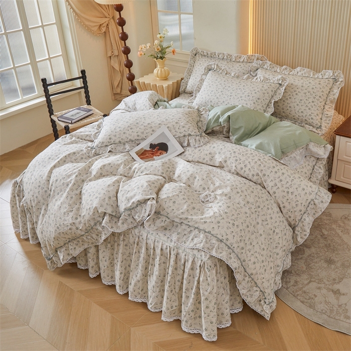 91家纺网 家纺一手货源 找家纺 缦彩 2025新款韩版纯棉床裙四件套 春野