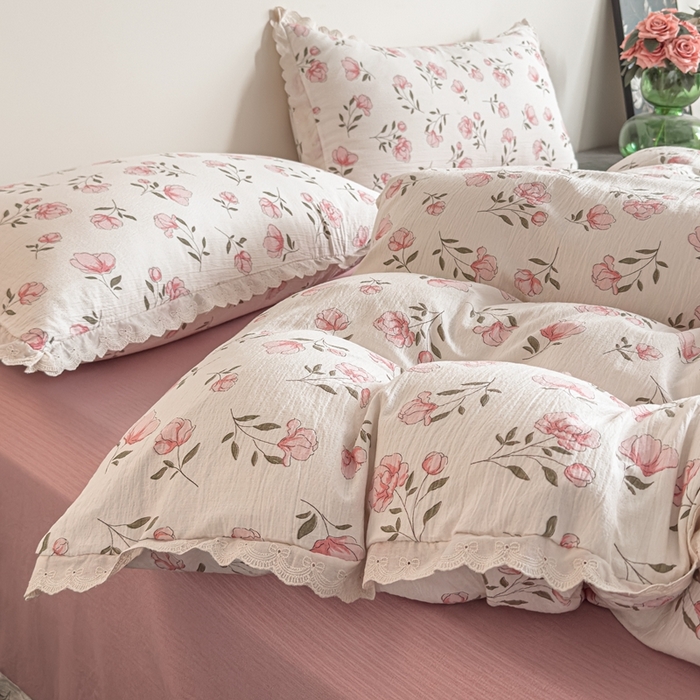 91家纺网 家纺一手货源 找家纺 可思家纺 2025新款法式皱皱纱四件套 粉佳人