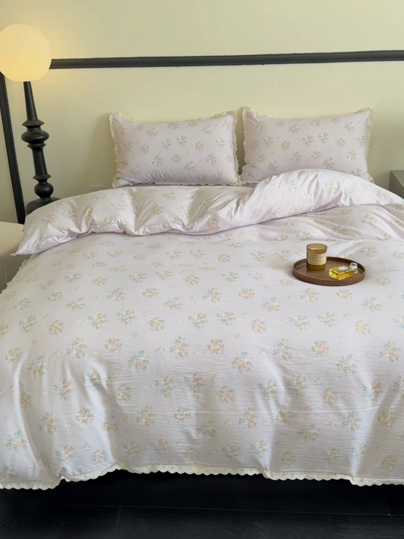 91家纺网 家纺一手货源 找家纺 可思家纺 2025新款法式皱皱纱四件套 紫薰