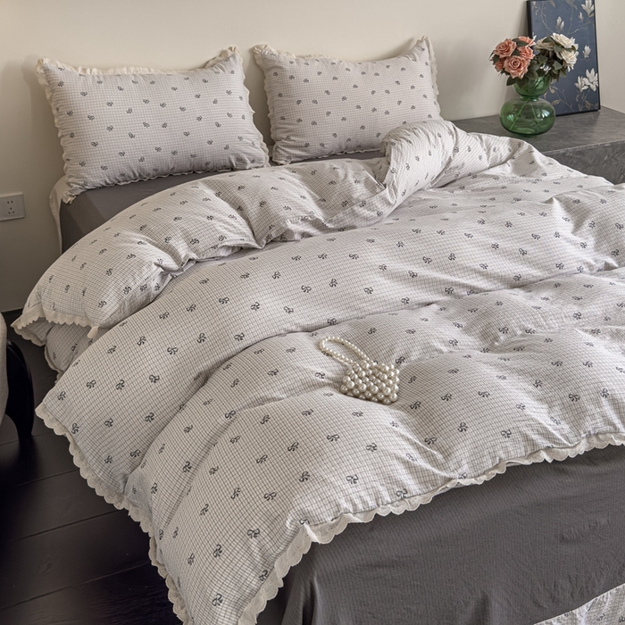 91家纺网 家纺一手货源 找家纺 可思家纺 2025新款法式皱皱纱四件套 甜心格子