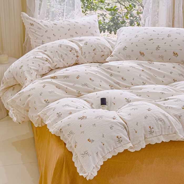 91家纺网 家纺一手货源 找家纺 可思家纺 2025新款法式皱皱纱四件套 碎花白茶