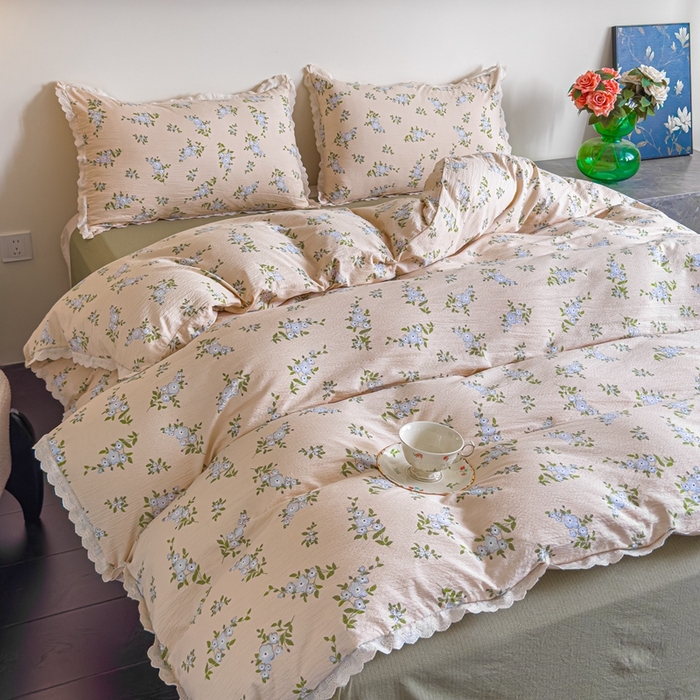 91家纺网 家纺一手货源 找家纺 可思家纺 2025新款法式皱皱纱四件套 夏栀