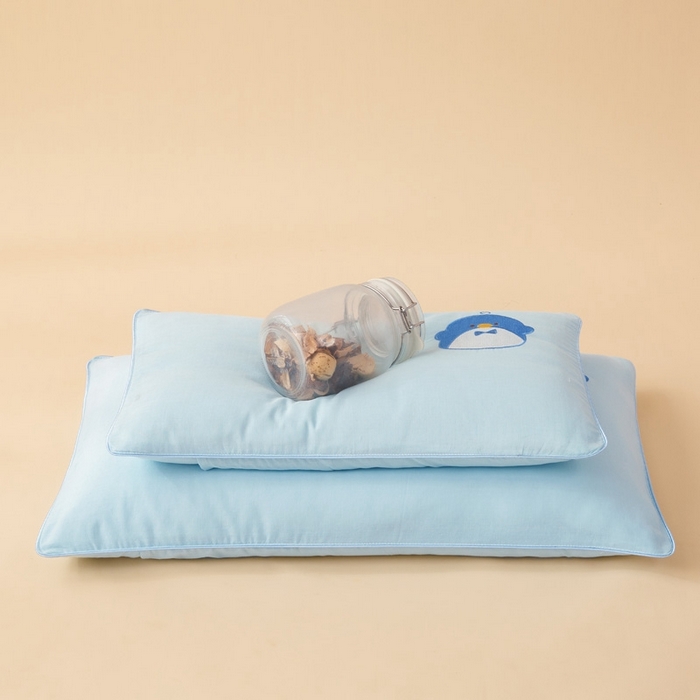 91家纺网 家纺一手货源 找家纺 喜多兔2025新款小轻柔纯棉双层纱枕套枕头 蓝色Q企鹅