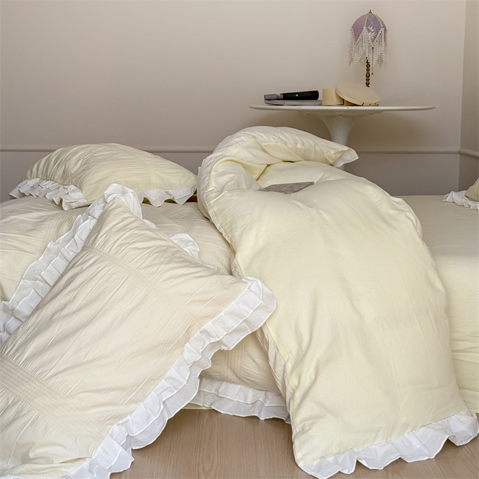 91家纺网 家纺一手货源 找家纺 尺素 2025纯棉双层花边韩式四件套全棉纯色ins风民宿被套纯色1.8床笠双人加大床单公主风床上用品 奶泡泡-芝芝软芙