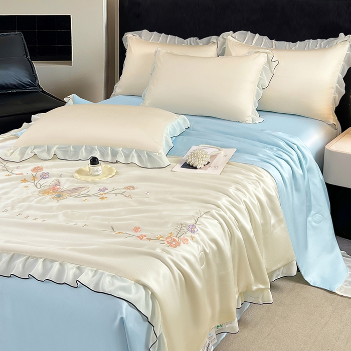 91家纺网 家纺一手货源 找家纺 梦舒羽 2025新款刺绣水洗真丝花边夏被四件套宿舍夏凉被床单枕套三件套-蝶梦花边款 蝶梦-蓝 花边款