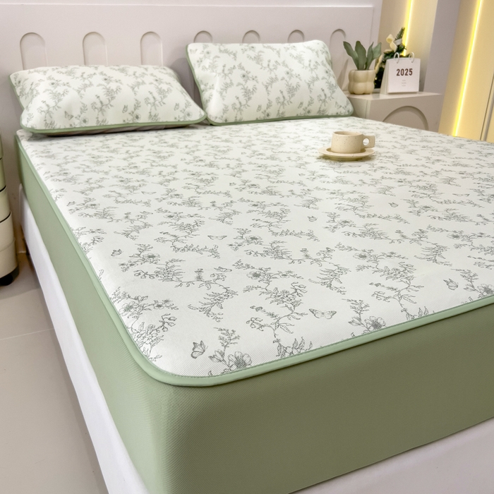 91家纺网 家纺一手货源 找家纺 2025年新款600D丝滑冰丝凉席-床笠款 连理枝绿