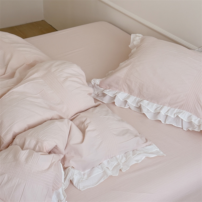 91家纺网 家纺一手货源 找家纺 尺素 2025纯棉双层花边韩式四件套全棉纯色ins风民宿被套纯色1.8床笠双人加大床单公主风床上用品 奶泡泡-涂涂小桃