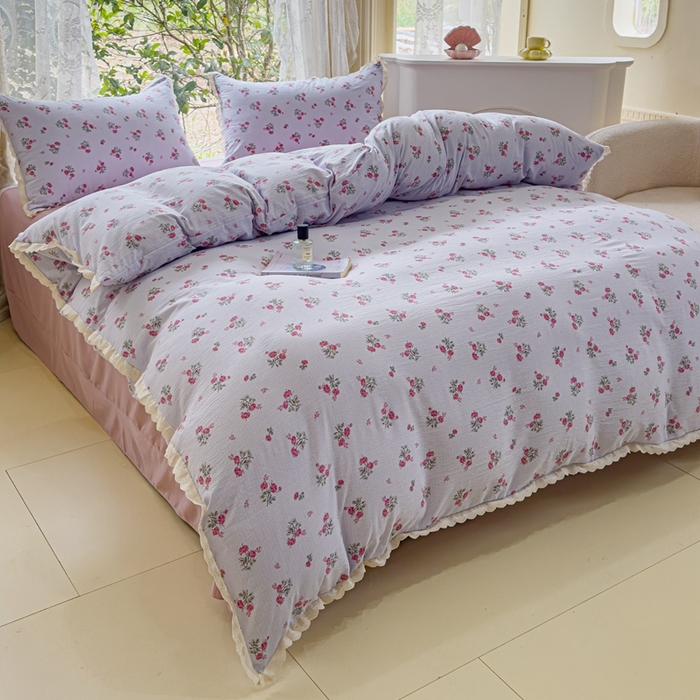 91家纺网 家纺一手货源 找家纺 可思家纺 2025新款法式皱皱纱四件套 紫雾玫瑰