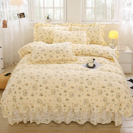 91家纺网 家纺一手货源 找家纺 乐逸2025新款韩版A类双层纱精品四件套 兔子欢喜