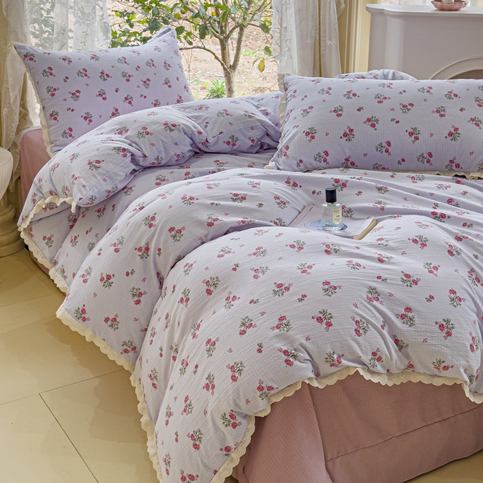 91家纺网 家纺一手货源 找家纺 可思家纺 2025新款法式皱皱纱四件套 紫雾玫瑰